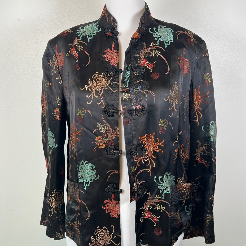 Vintage Peony Brand Black Silk Oriental Jacket Multicolor Size M